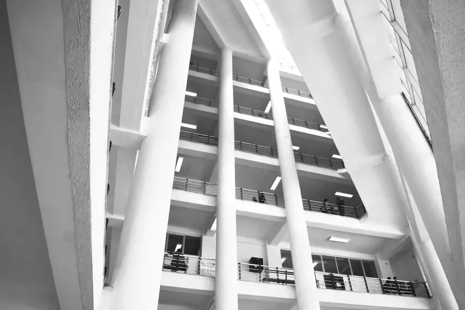 Upward view of the court building's white structure