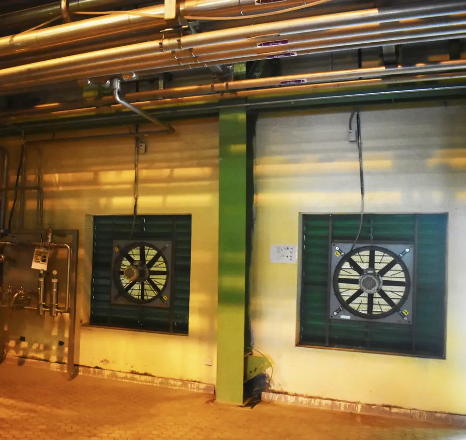 Two wall-mounted industrial fans on a green production hall wall