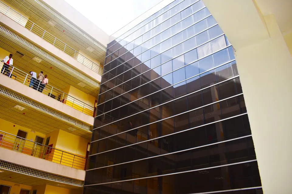 College building with dark glass facade