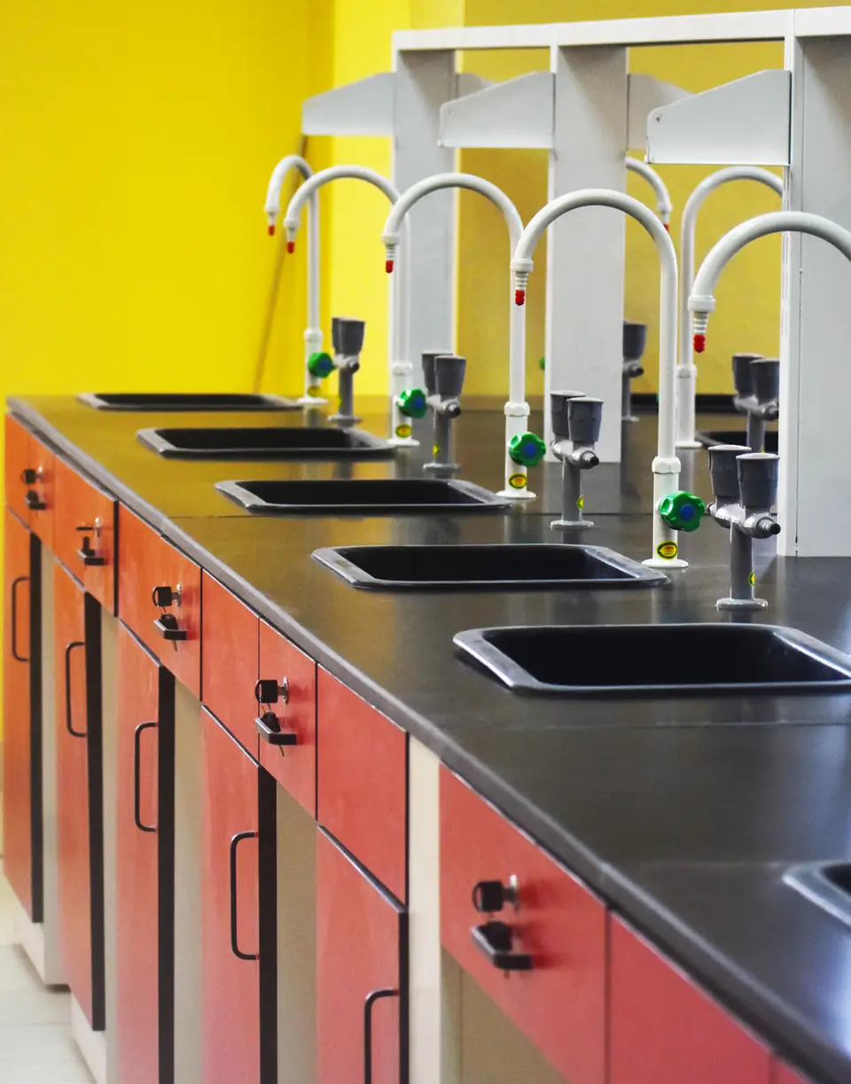 Laboratory bench with sinks, taps and red cabinets