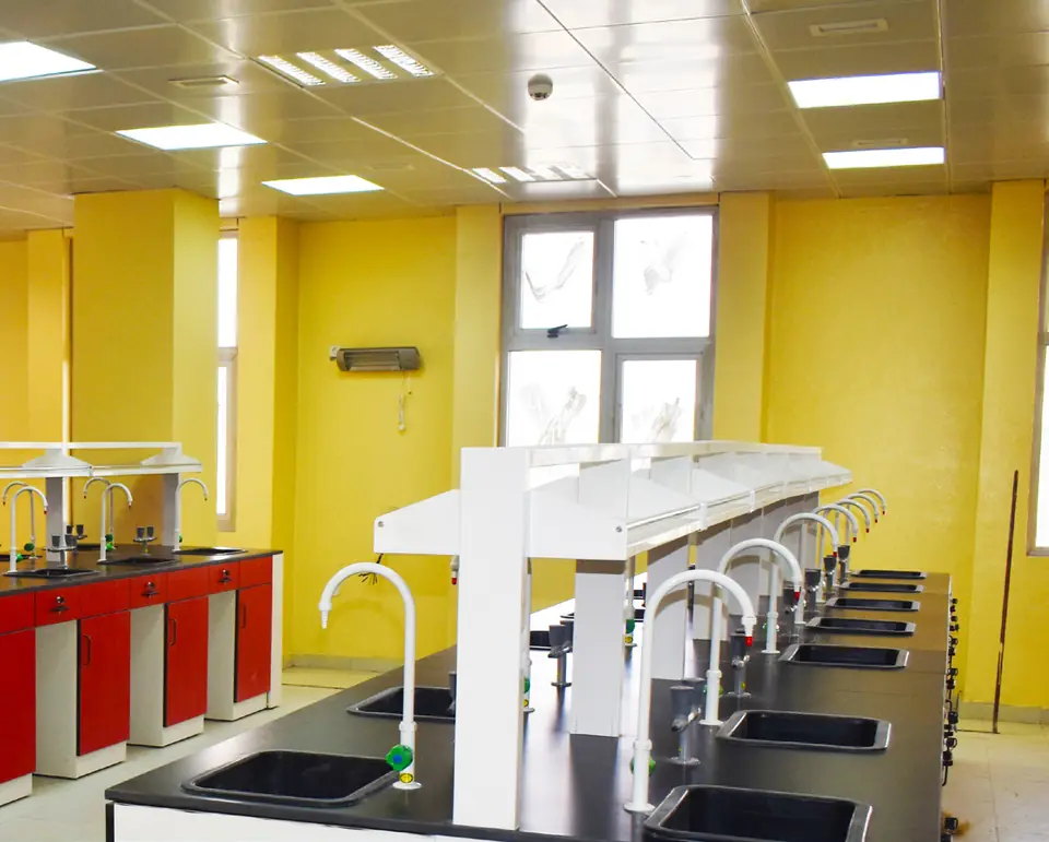 Laboratory room with rows of benches