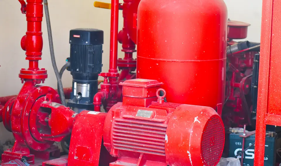 Red Bristol fire pump set with pressure tank