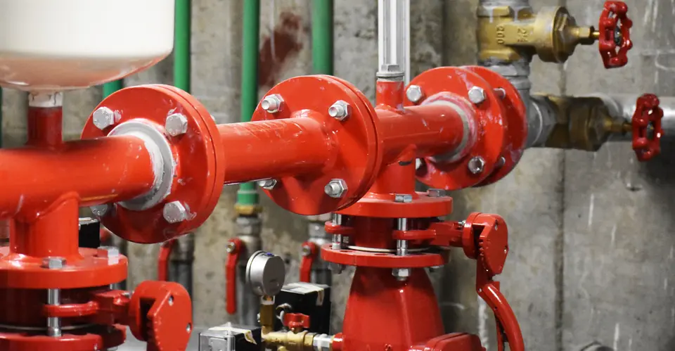 Red fire protection pipework with flanges and valves