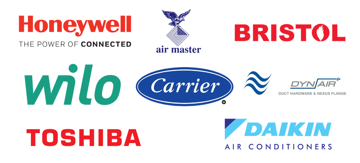 Logos of major suppliers: Honeywell, Air Master, Bristol, Wilo, Carrier, DynAir, Toshiba and Daikin